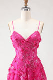 Sparkly Fuchsia Floral A-Line Beaded Long Corset Prom Dress with Slit