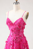 Sparkly Fuchsia Floral A-Line Beaded Long Corset Prom Dress with Slit
