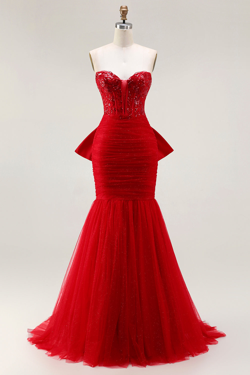 Leely Women Sparkly Red Tulle Maxi Corset Prom Dress with Bow Mermaid
