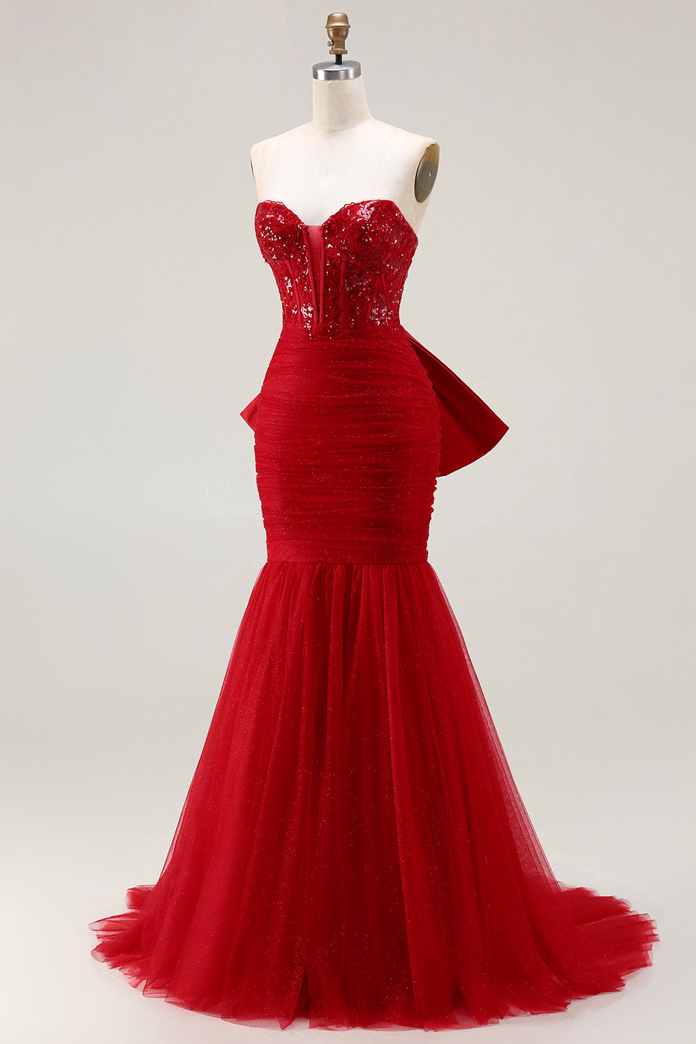 Leely Women Sparkly Red Tulle Maxi Corset Prom Dress with Bow Mermaid
