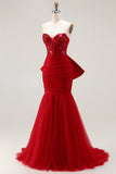 Sparkly Tulle Red Mermaid Long Corset Prom Dress with Bow