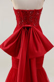 Sparkly Tulle Red Mermaid Long Corset Prom Dress with Bow