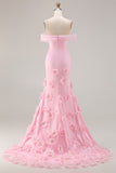 Sparkly Pink Mermaid Floral Off the Shoulder Long Prom Dress with 3D Flowers