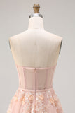 Blush Tulle Floral A Line Corset Long Prom Dress with Cape
