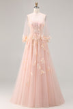 Blush Tulle Floral A Line Corset Long Prom Dress with Cape