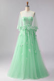 Floral Green Tulle A Line Long Corset Prom Dress with Cape