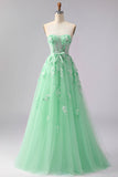 Floral Green Tulle A Line Long Corset Prom Dress with Cape