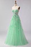 Floral Green Tulle A Line Long Corset Prom Dress with Cape