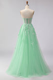 Floral Green Tulle A Line Long Corset Prom Dress with Cape
