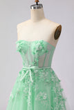 Floral Green Tulle A Line Long Corset Prom Dress with Cape