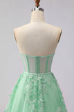 Floral Green Tulle A Line Long Corset Prom Dress with Cape