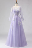 Sparkly Lilac Floral Long Corset Prom Dress with Sleeves