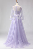 Sparkly Lilac Floral Long Corset Prom Dress with Sleeves