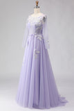 Sparkly Lilac Floral Long Corset Prom Dress with Sleeves
