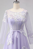 Sparkly Lilac Floral Long Corset Prom Dress with Sleeves
