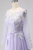 Sparkly Lilac Floral Long Corset Prom Dress with Sleeves