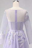 Sparkly Lilac Floral Long Corset Prom Dress with Sleeves