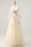 Floral Yellow Tulle A Line Long Corset Prom Dress with Sleeves
