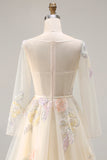 Floral Yellow Tulle A Line Long Corset Prom Dress with Sleeves