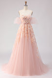 Floral Purple Off the Shoulder A Line Tulle Long Prom Dress with Bow