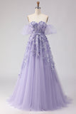 Floral Purple Off the Shoulder A Line Tulle Long Prom Dress with Bow