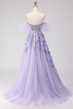 Floral Purple Off the Shoulder A Line Tulle Long Prom Dress with Bow