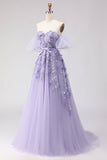 Floral Purple Off the Shoulder A Line Tulle Long Prom Dress with Bow