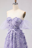 Floral Purple Off the Shoulder A Line Tulle Long Prom Dress with Bow