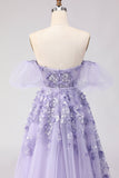Floral Purple Off the Shoulder A Line Tulle Long Prom Dress with Bow