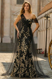Black Golden Floral One Shoulder Mermaid Long Prom Dress with Tulle