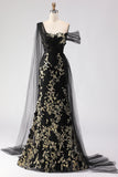 Black Golden One Shoulder Floral Long Sheath Prom Dress with Side Cape