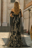 Black Golden Floral One Shoulder Mermaid Long Prom Dress with Tulle