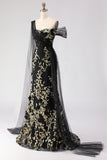 Black Golden One Shoulder Floral Long Sheath Prom Dress with Side Cape