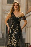 Black Golden Floral One Shoulder Mermaid Long Prom Dress with Tulle