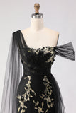 Black Golden One Shoulder Floral Long Sheath Prom Dress with Side Cape