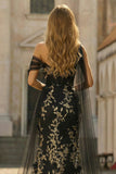 Black Golden Floral One Shoulder Mermaid Long Prom Dress with Tulle