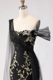 Black Golden One Shoulder Floral Long Sheath Prom Dress with Side Cape