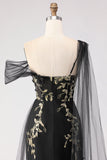 Black Golden One Shoulder Floral Long Sheath Prom Dress with Side Cape