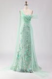 Black Golden One Shoulder Floral Long Sheath Prom Dress with Side Cape