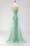 Floral Green One Shoulder Sheath Long Prom Dress with Side Cape