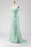 Floral Green One Shoulder Sheath Long Prom Dress with Side Cape