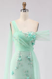Floral Green One Shoulder Sheath Long Prom Dress with Side Cape