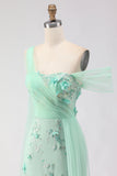Floral Green One Shoulder Sheath Long Prom Dress with Side Cape