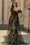 Black Golden One Shoulder Floral Long Sheath Prom Dress with Side Cape
