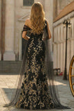 Black Golden Floral One Shoulder Mermaid Long Prom Dress with Tulle