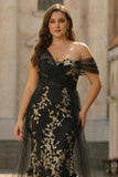 Black Golden One Shoulder Floral Long Sheath Prom Dress with Side Cape