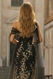 Black Golden Floral One Shoulder Mermaid Long Prom Dress with Tulle