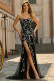 Black Sparkly Mermaid Long Floral Prom Dress with Beading
