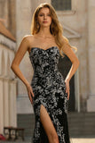 Black Sparkly Mermaid Long Floral Prom Dress with Beading
