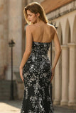 Black Sparkly Mermaid Long Floral Prom Dress with Beading